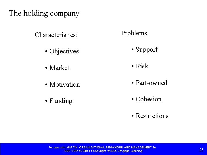 The holding company Characteristics: Problems: • Objectives • Support • Market • Risk •