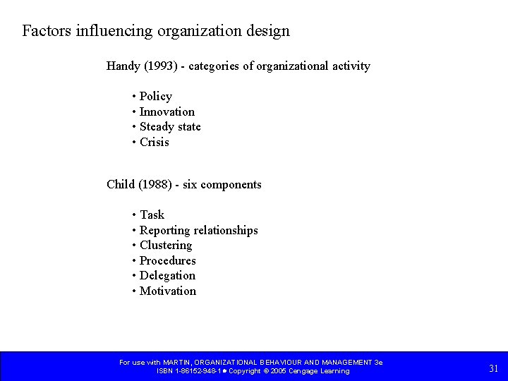 Factors influencing organization design Handy (1993) - categories of organizational activity • Policy •