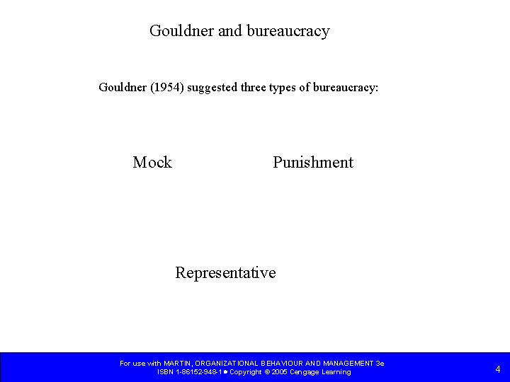 Gouldner and bureaucracy Gouldner (1954) suggested three types of bureaucracy: Mock Punishment Representative For