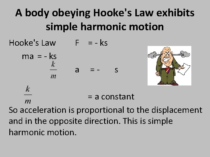 A body obeying Hooke's Law exhibits simple harmonic motion Hooke's Law ma = -