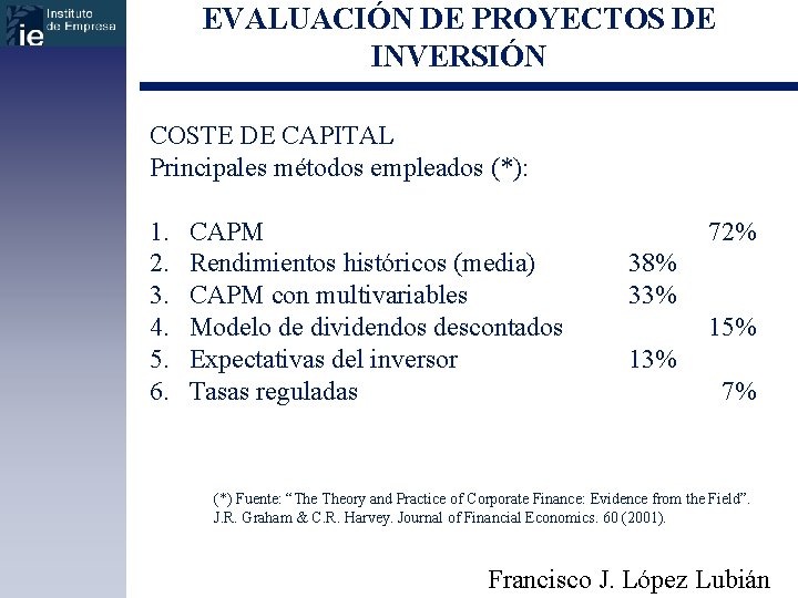 EVALUACIÓN DE PROYECTOS DE INVERSIÓN COSTE DE CAPITAL Principales métodos empleados (*): 1. 2.