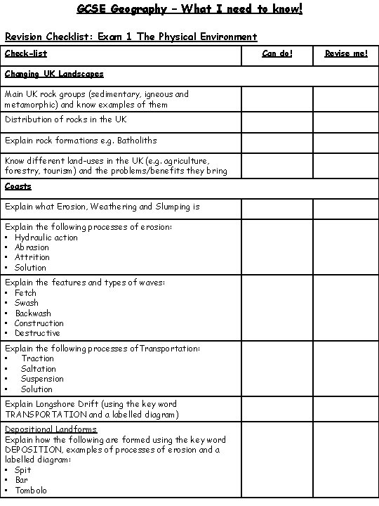 GCSE Geography – What I need to know! Revision Checklist: Exam 1 The Physical