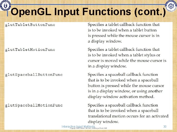 Open. GL Input Functions (cont. ) Interactive Input Methods 30 