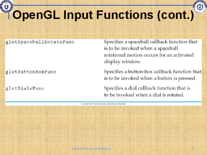 Open. GL Input Functions (cont. ) Interactive Input Methods 31 