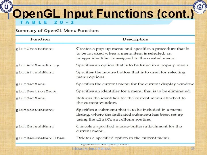 Open. GL Input Functions (cont. ) Interactive Input Methods 33 