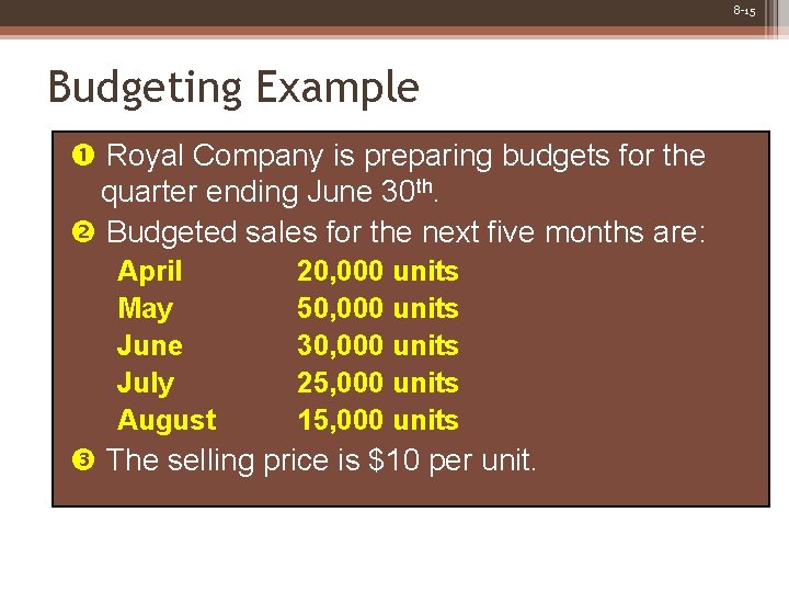 8 -15 Budgeting Example Royal Company is preparing budgets for the quarter ending June