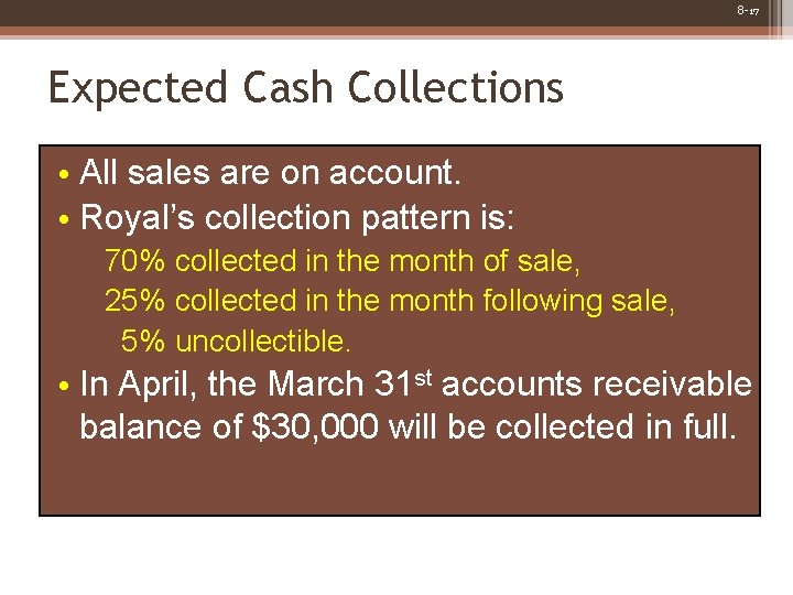 8 -17 Expected Cash Collections • All sales are on account. • Royal’s collection