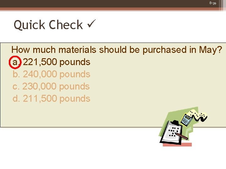 8 -39 Quick Check How much materials should be purchased in May? a. 221,