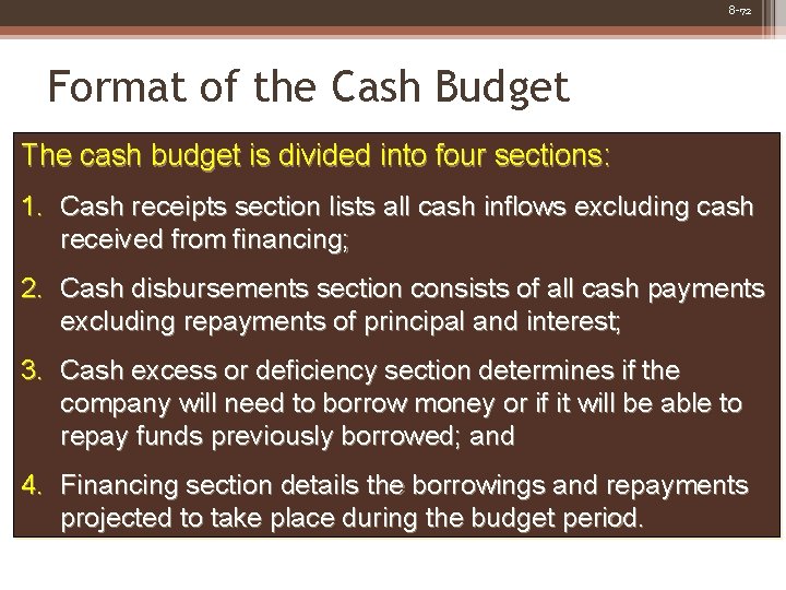 8 -72 Format of the Cash Budget The cash budget is divided into four