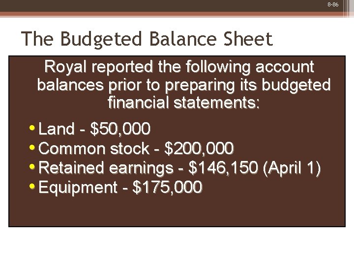 8 -86 The Budgeted Balance Sheet Royal reported the following account balances prior to