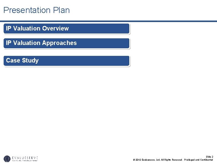 Presentation Plan IP Valuation Overview IP Valuation Approaches Case Study Slide 2 © 2010