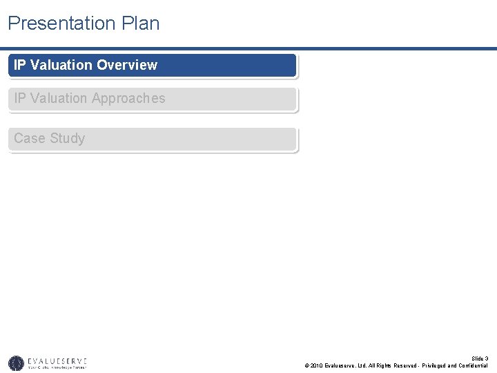 Presentation Plan IP Valuation Overview IP Valuation Approaches Case Study Slide 3 © 2010