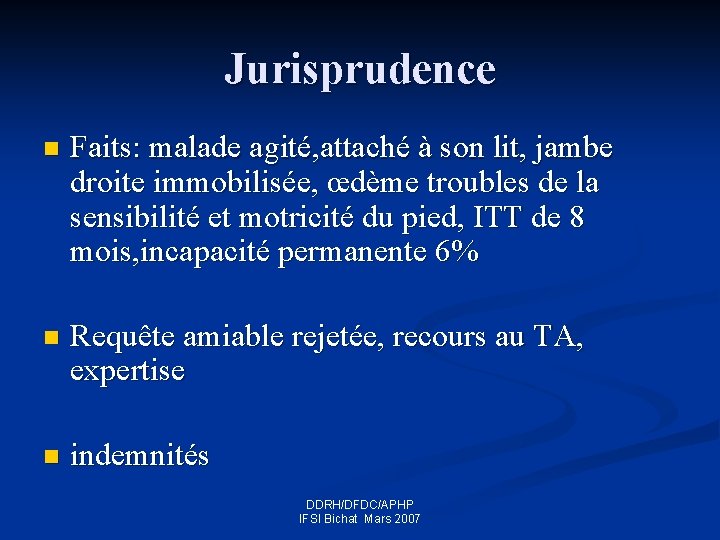 Jurisprudence n Faits: malade agité, attaché à son lit, jambe droite immobilisée, œdème troubles