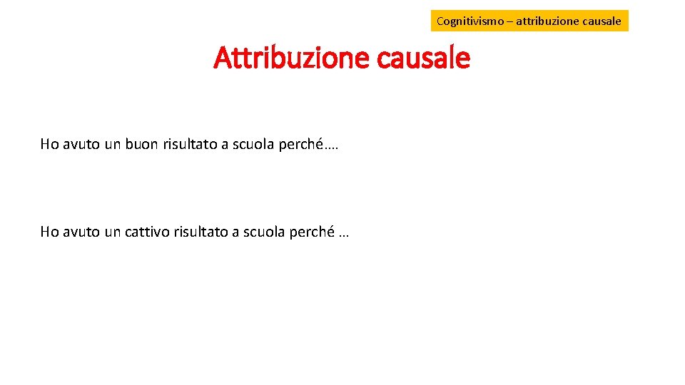 Cognitivismo – attribuzione causale Attribuzione causale Ho avuto un buon risultato a scuola perché….