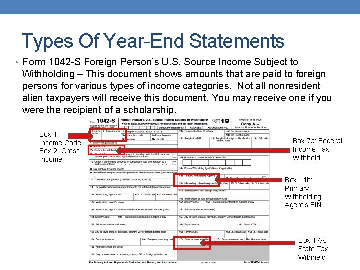 Types Of Year-End Statements • Form 1042 -S Foreign Person’s U. S. Source Income