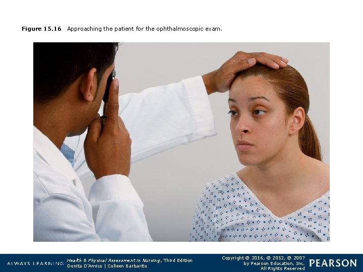 Figure 15. 16 Approaching the patient for the ophthalmoscopic exam. Health & Physical Assessment