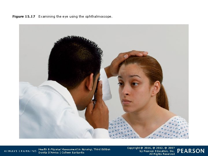 Figure 15. 17 Examining the eye using the ophthalmoscope. Health & Physical Assessment in