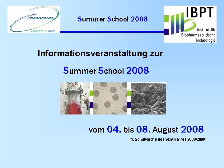 Summer School 2008 Informationsveranstaltung zur Summer School 2008 vom 04. bis 08. August 2008