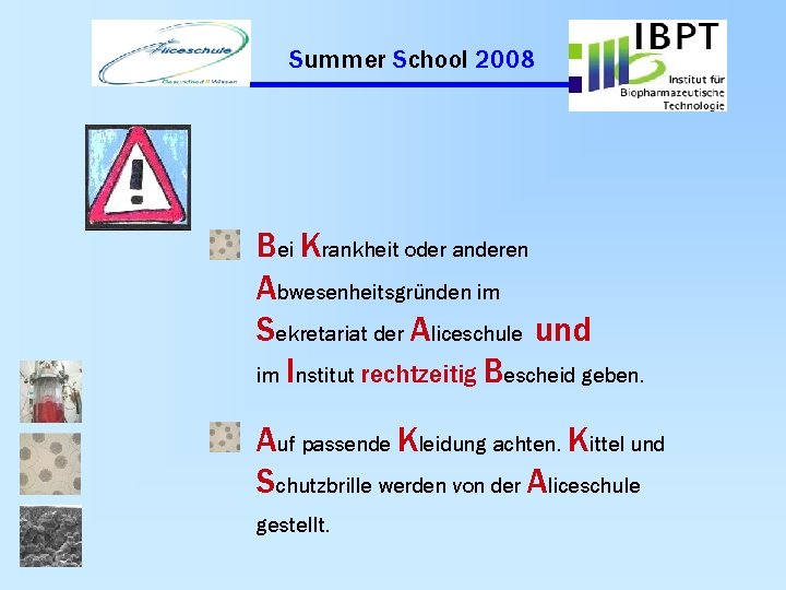 Summer School 2008 Bei Krankheit oder anderen Abwesenheitsgründen im Sekretariat der Aliceschule und im