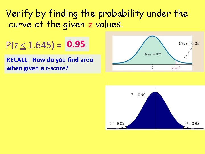 Verify by finding the probability under the curve at the given z values. P(z