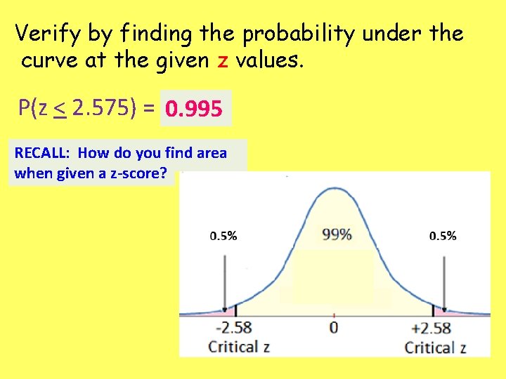 Verify by finding the probability under the curve at the given z values. P(z
