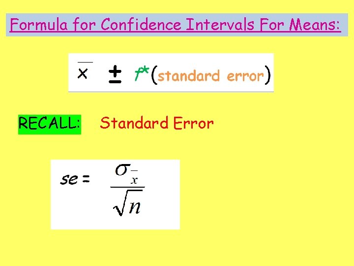 Formula for Confidence Intervals For Means: RECALL: Standard Error 