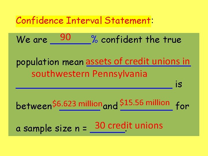 Confidence Interval Statement: 90 We are _______% confident the true of credit unions in
