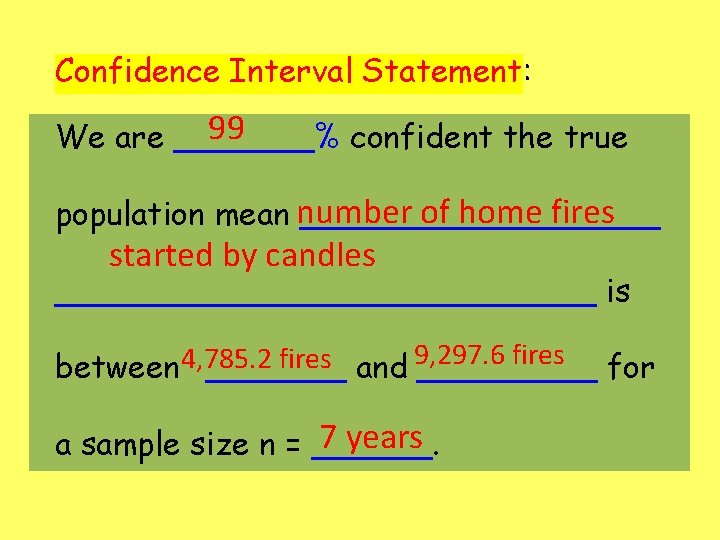 Confidence Interval Statement: 99 We are _______% confident the true of home fires population