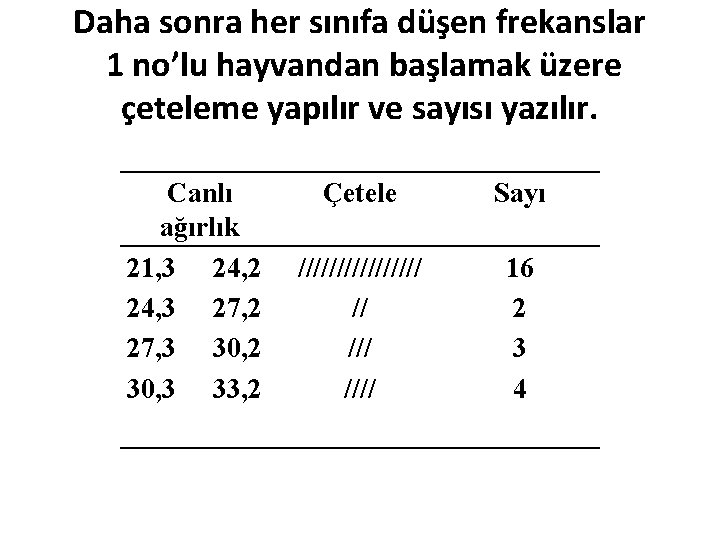 Daha sonra her sınıfa düşen frekanslar 1 no’lu hayvandan başlamak üzere çeteleme yapılır ve