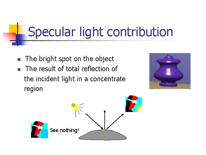 Specular light contribution n n The bright spot on the object The result of