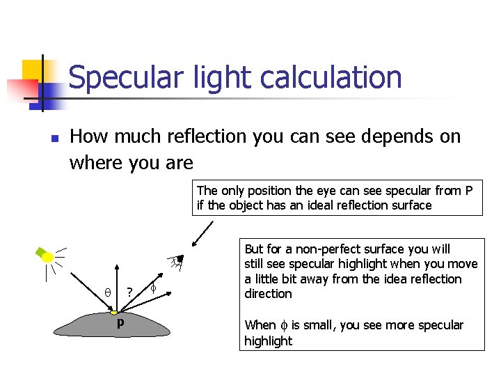 Specular light calculation n How much reflection you can see depends on where you