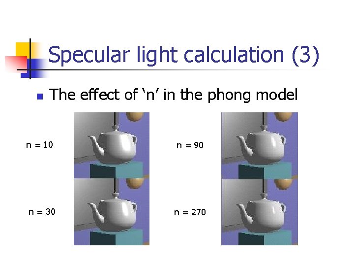 Specular light calculation (3) n The effect of ‘n’ in the phong model n