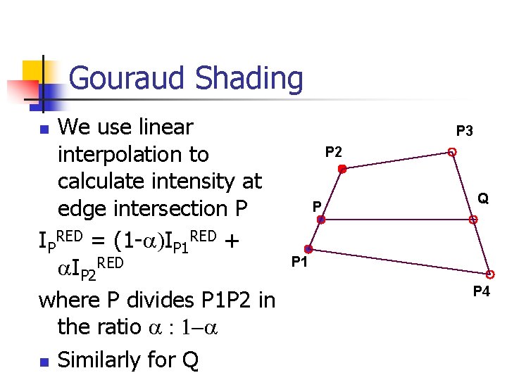 Gouraud Shading We use linear interpolation to calculate intensity at edge intersection P IPRED