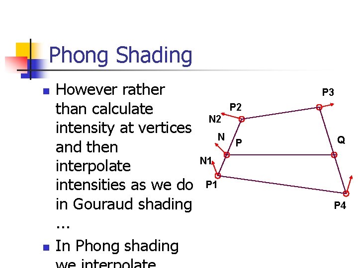 Phong Shading n n However rather than calculate intensity at vertices and then interpolate