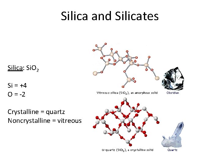 Silica and Silicates Silica: Si. O 2 Si = +4 O = -2 Crystalline