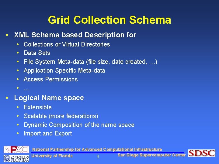 Grid Collection Schema • XML Schema based Description for • • • Collections or