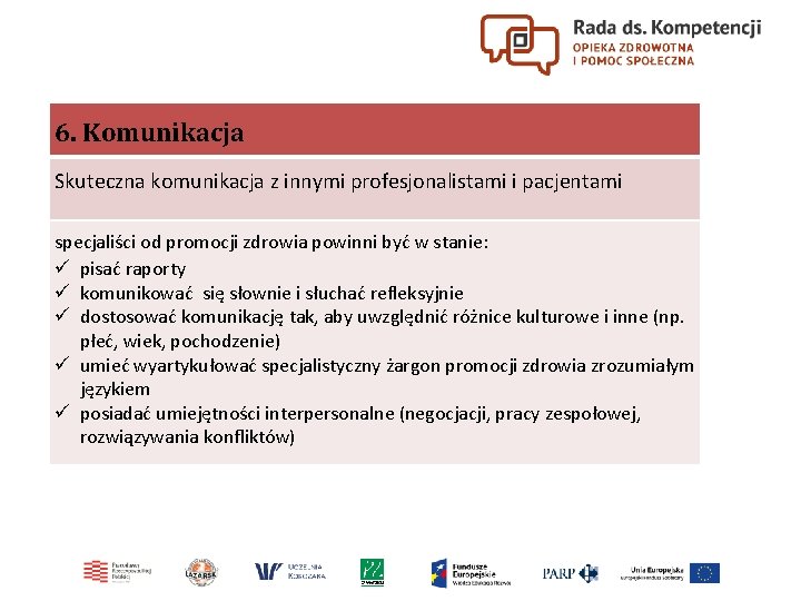 6. Komunikacja Skuteczna komunikacja z innymi profesjonalistami i pacjentami specjaliści od promocji zdrowia powinni