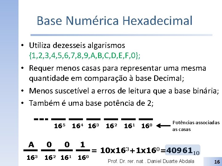 Base Numérica Hexadecimal • Utiliza dezesseis algarismos {1, 2, 3, 4, 5, 6, 7,