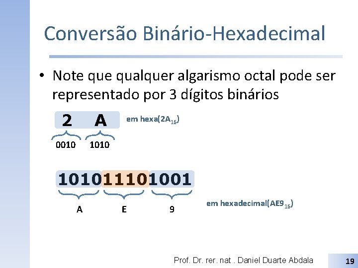 Conversão Binário-Hexadecimal • Note qualquer algarismo octal pode ser representado por 3 dígitos binários
