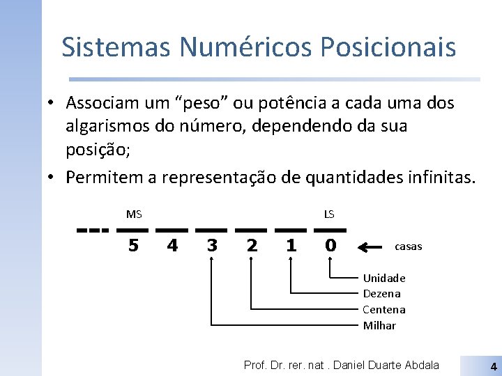 Sistemas Numéricos Posicionais • Associam um “peso” ou potência a cada uma dos algarismos