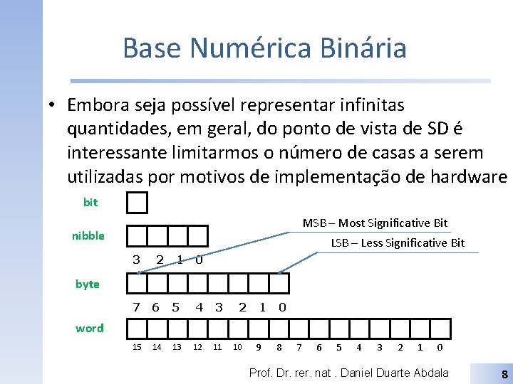 Base Numérica Binária • Embora seja possível representar infinitas quantidades, em geral, do ponto