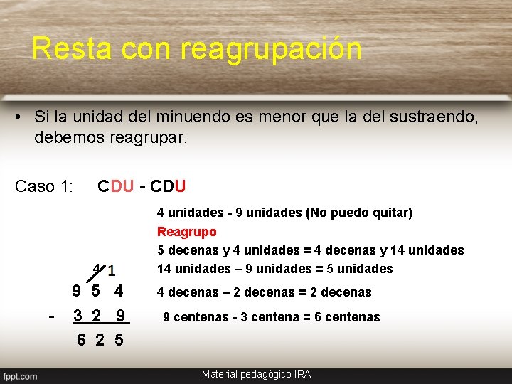 Resta con reagrupación • Si la unidad del minuendo es menor que la del