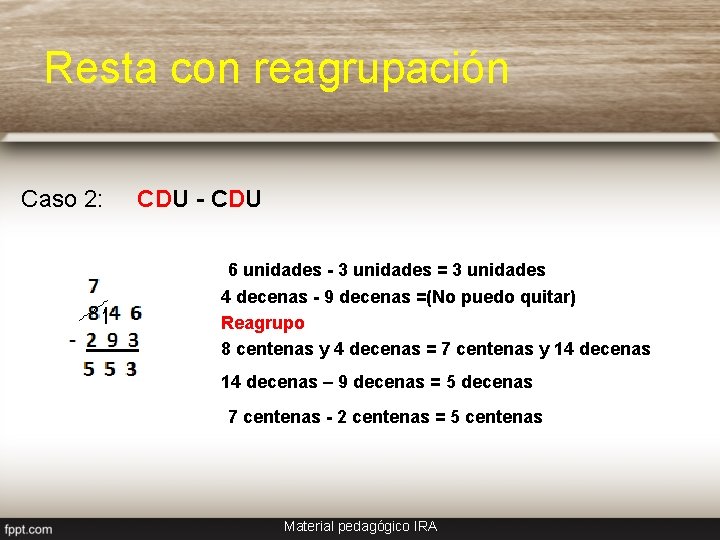 Resta con reagrupación Caso 2: CDU - CDU 6 unidades - 3 unidades =