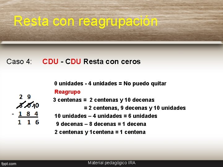 Resta con reagrupación Caso 4: CDU - CDU Resta con ceros 0 unidades -