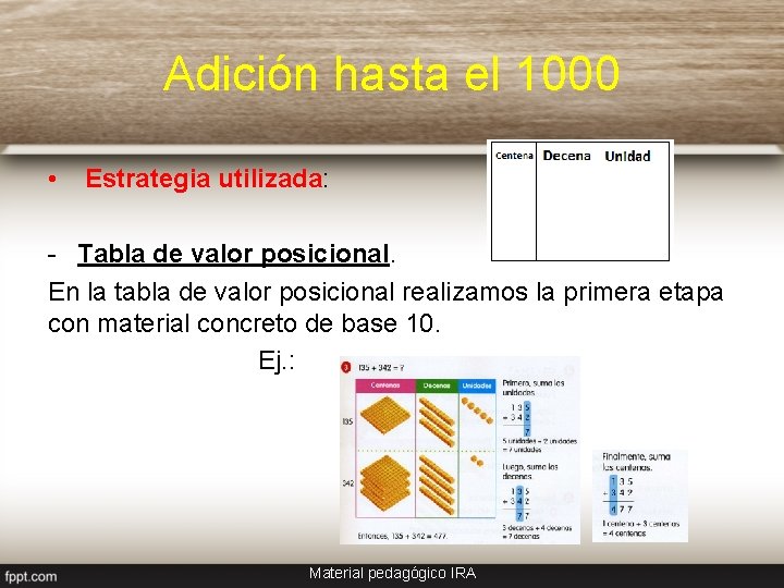 Adición hasta el 1000 • Estrategia utilizada: - Tabla de valor posicional. En la