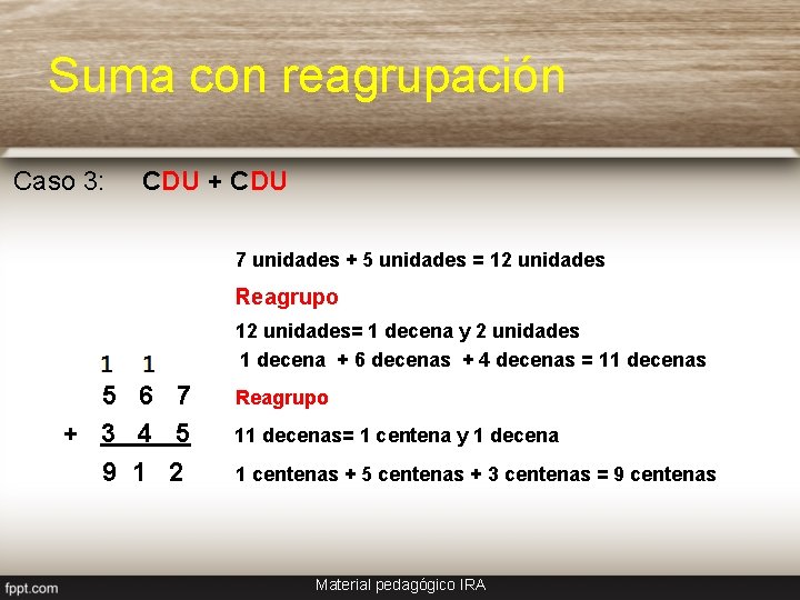 Suma con reagrupación Caso 3: CDU + CDU 7 unidades + 5 unidades =