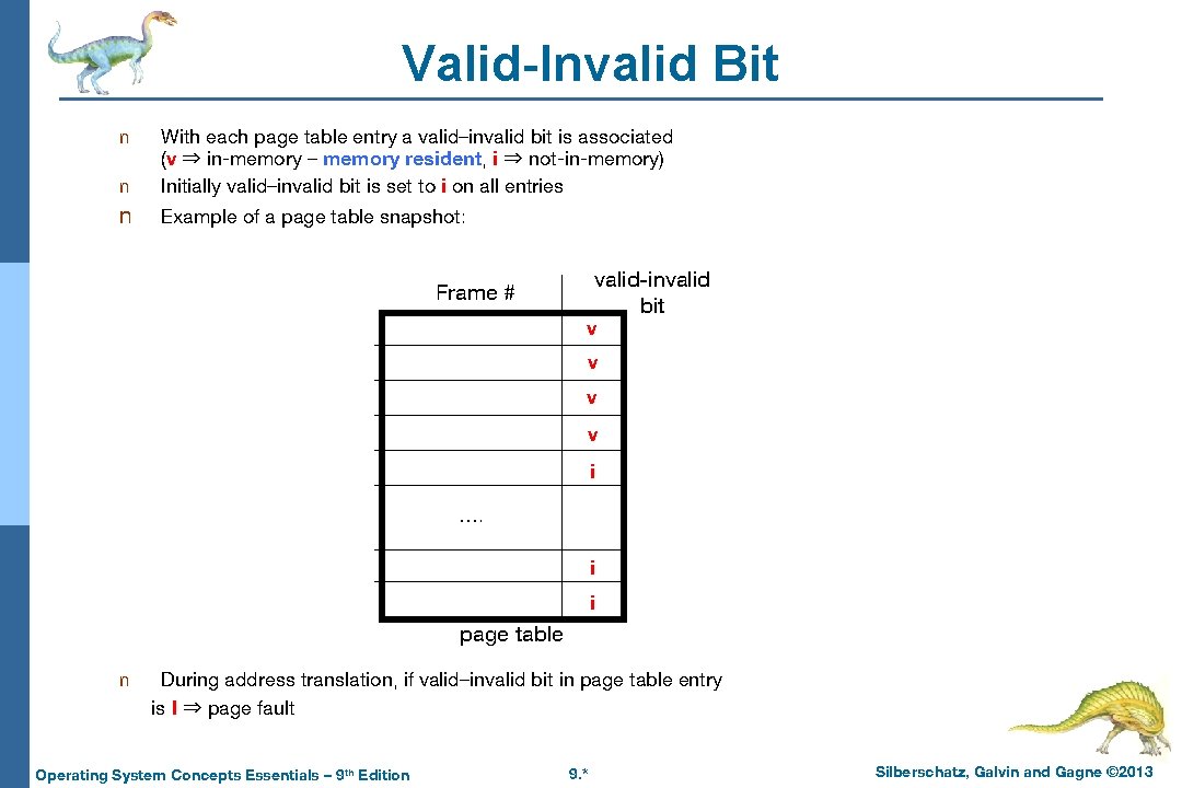 Valid-Invalid Bit n With each page table entry a valid–invalid bit is associated (v