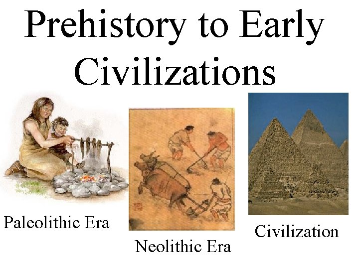 Prehistory to Early Civilizations Paleolithic Era Neolithic Era Civilization 