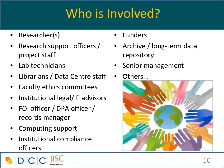 Who is Involved? • Researcher(s) • Research support officers / project staff • Lab