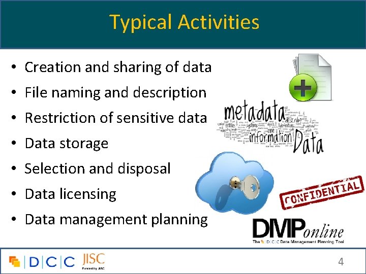 Typical Activities • Creation and sharing of data • File naming and description •